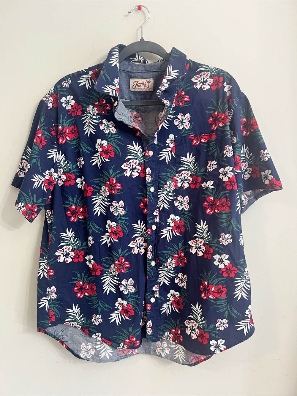 Jachs Navy Short-Sleeve Floral Button-Up Shirt with Red & White Blooms